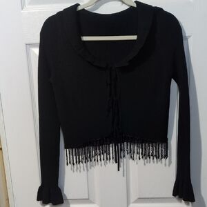 Black Beaded Fringe Knitted Cardigan Ruffle Bell Cuff Dainty Collar